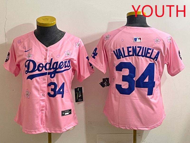 Youth Los Angeles Dodgers #34 Valenzuela Pink Sakura Edition 2025 Nike MLB Jersey style 33->youth mlb jersey->Youth Jersey